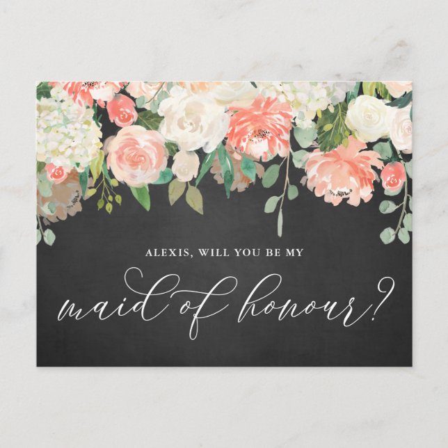 Peach Flowers Chalkboard Be My Maid of Honour Postcard (Front)