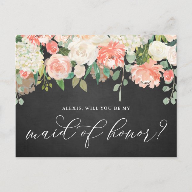 Peach Flowers Chalkboard Be My Maid of Honour Postcard (Front)