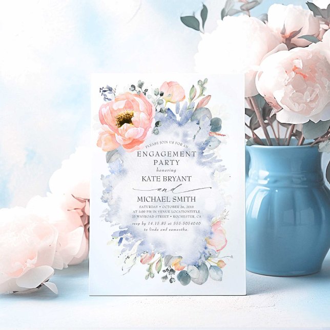 Peach Flowers Dusty Blue Elegant Engagement Party Invitation (Dusty Blue Engagement Party Invitations)