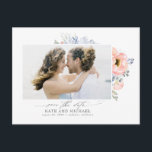 Peach Flowers Dusty Blue Save the Date Photo Announcement Postcard<br><div class="desc">Peach flowers save the date photo postcards</div>