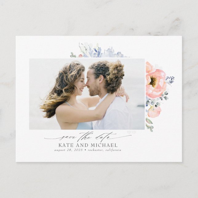 Peach Flowers Dusty Blue Save the Date Photo Announcement Postcard (Front)