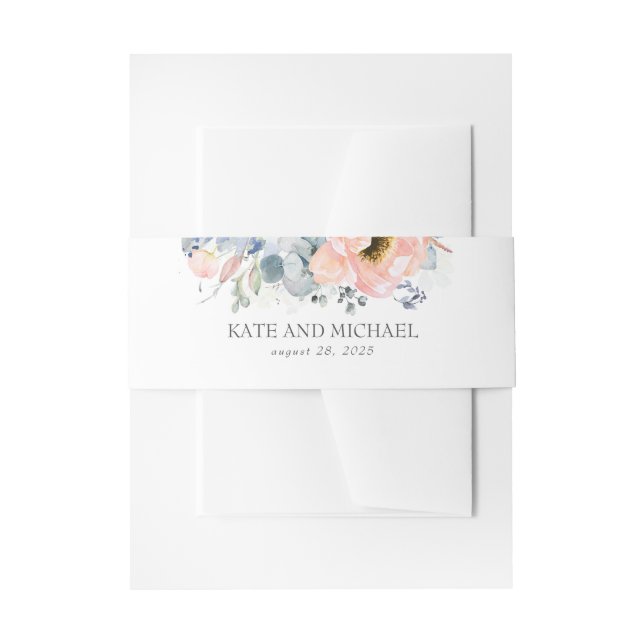 Peach Flowers Dusty Blue Wedding Invitation Belly Band (Front Example)