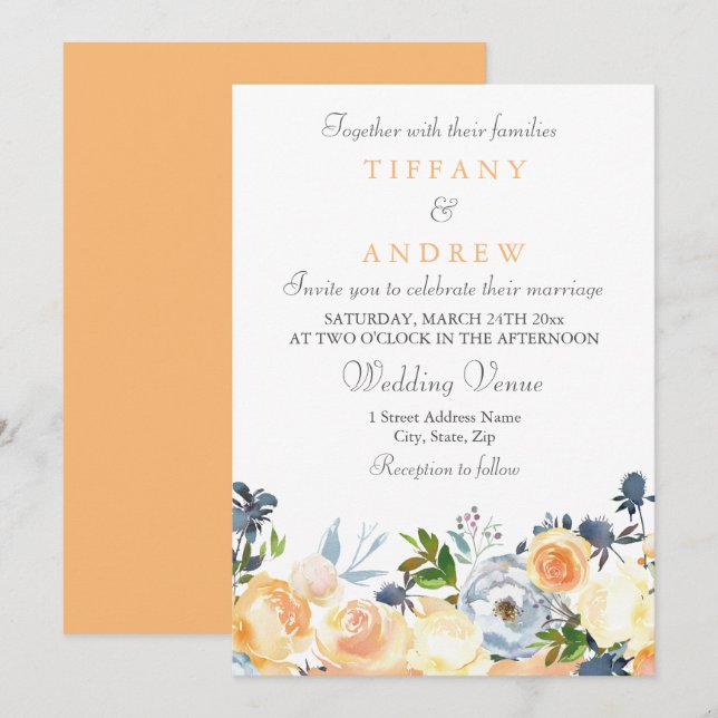 Peach Flowers Elegant Wedding Invitation (Front/Back)
