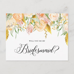 Peach Flowers   Floral Will You Be My Bridesmaid Invitation Postcard