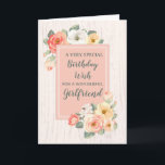 Peach Flowers Girlfriend Birthday Card<br><div class="desc">Pretty and thoughtful greeting card for your girlfriend's  birthday with peach pink and white spring flowers,  rustic wood pattern and hand lettered style text.</div>