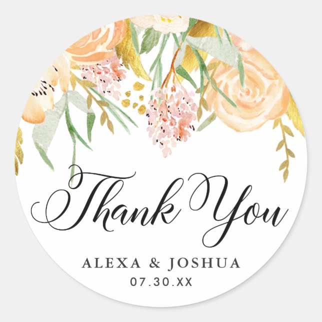 Peach Flowers Gold Foil Foliage Wedding Thank You Classic Round Sticker (Front)