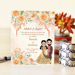 Peach flowers Indian couple mehndi sangeet invite