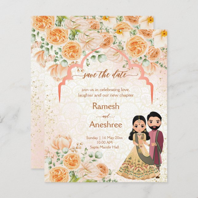 Peach flowers Indian couple save the date (Front/Back)