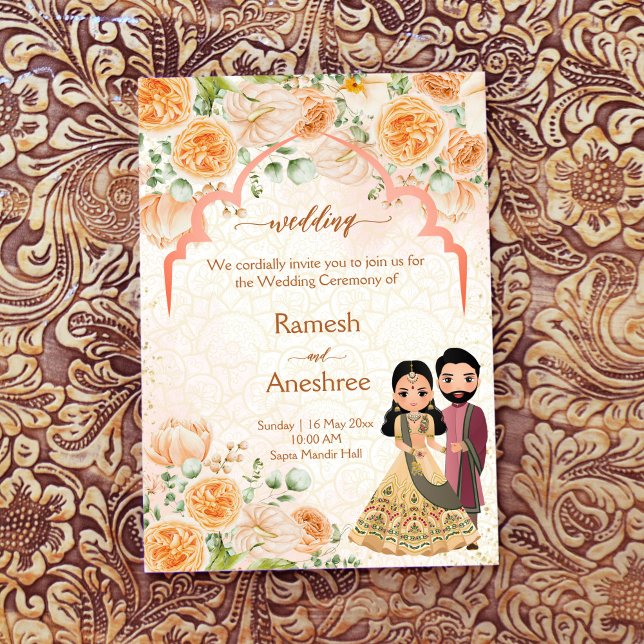 Peach flowers Indian couple wedding invite templat (Creator Uploaded)