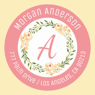 Peach Flowers, Large Coral Initial Return Address  Classic Round Sticker