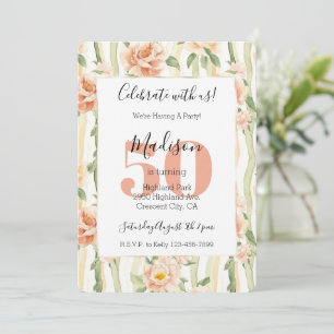Peach Flowers Mint Green Stripes 50th Birthday  Invitation