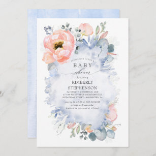 Peach Flowers Modern Dusty Blue Baby Shower Invitation