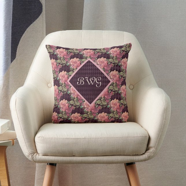 Peach Flowers on Purple Diamonds Monogram Cushion (Creator Uploaded)