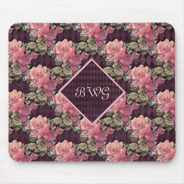 Peach Flowers on Purple Diamonds Monogram Mouse Pad (Front)