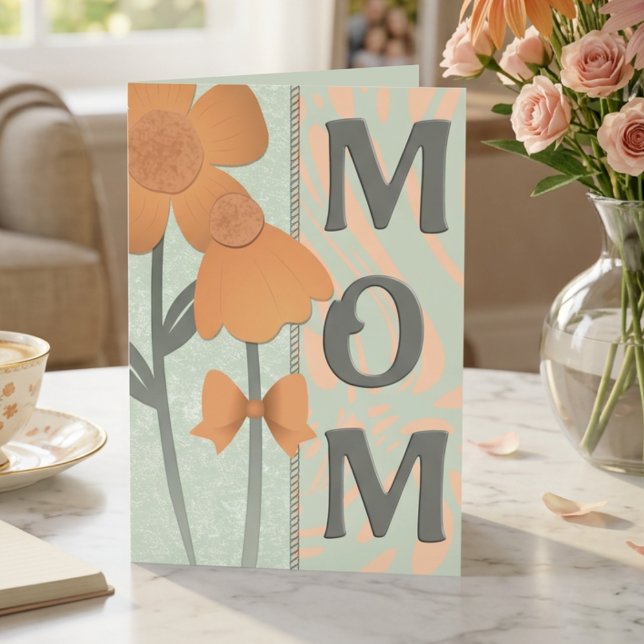 Peach Flowers On Sage Green Mothers Greeting Card (It's cute, its hand drawn and perfect for mom. Mothers day or general greeting. Peach & sage)