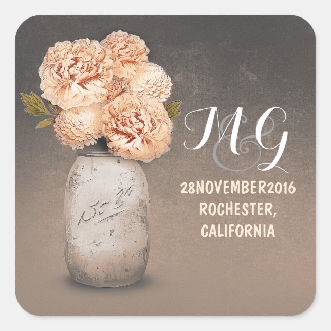Peach flowers painted mason jar wedding stickers (Front)