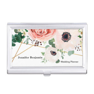 Peach Flowers Pink Floral Wedding Planner Custom Business Card Holder