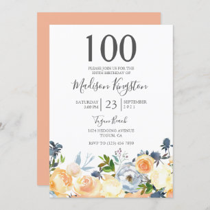 Peach Flowers Pretty 100th Birthday Party Invite