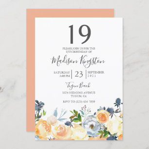 Peach Flowers Pretty 19th Birthday Party Invite