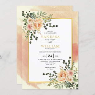 Peach flowers soft terracotta wedding invitation