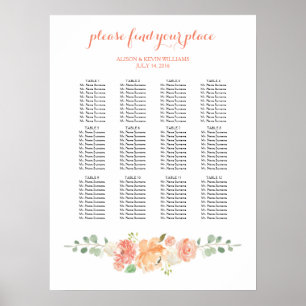 Peach flowers wedding dinner seating chart