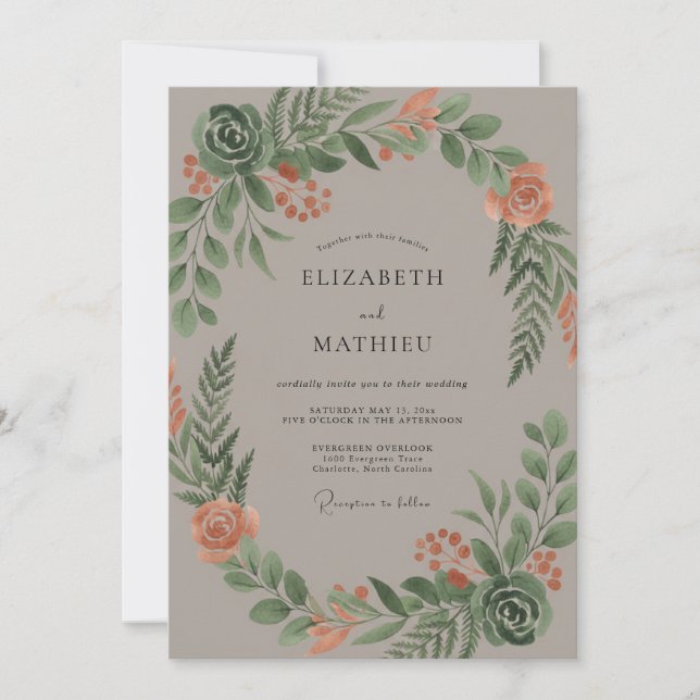 Peach Foliage Wreath Wedding Invitation (Front)