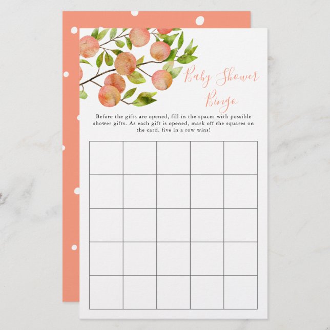 Peach Fruit Baby Shower Bingo Game (Front/Back)