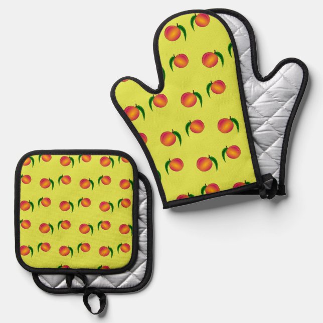 Peach fruit pattern on yellow oven mitt & pot holder set (Front/Back)