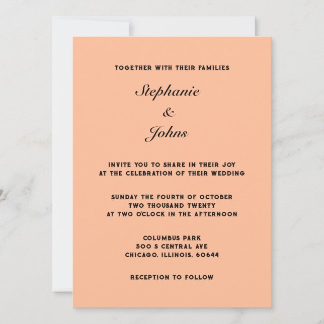 Peach Fuzz Black Elegant Simple Minimal Wedding Invitation (Front)