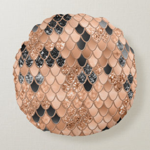 Peach Fuzz Black Mermaid Scales Glam #1 Round Cushion