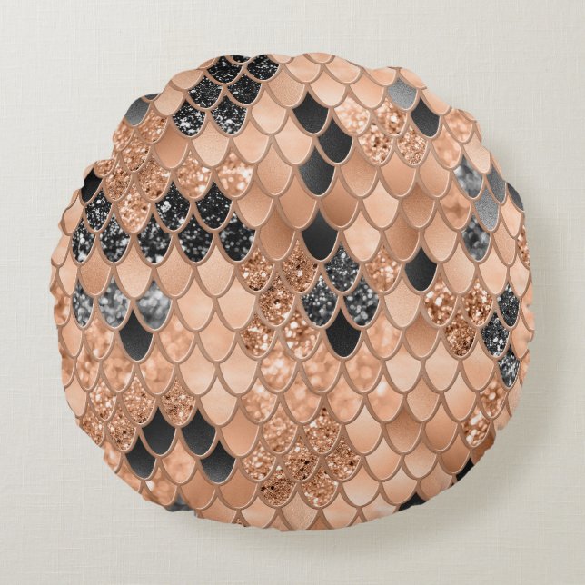 Peach Fuzz Black Mermaid Scales Glam #1  Round Cushion (Front)