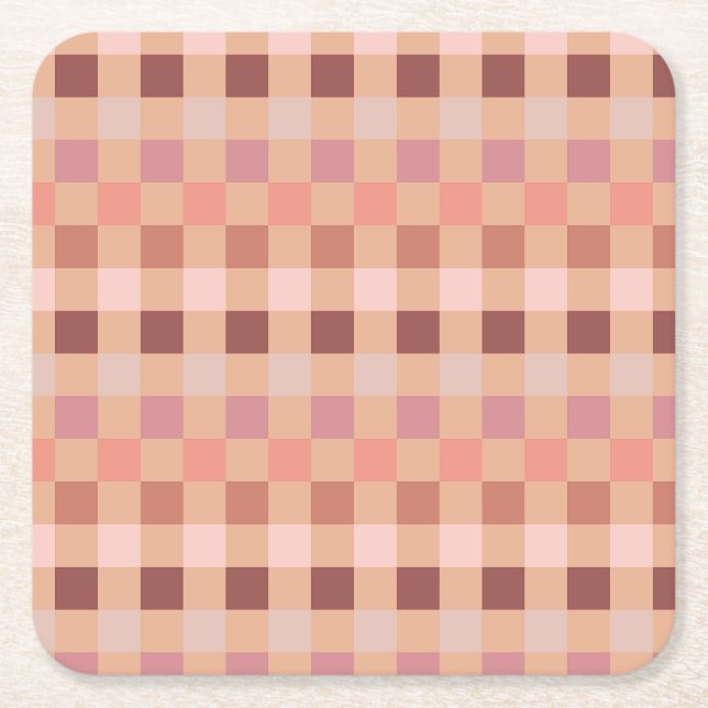 Peach Fuzz Chequerboard Square Paper Coaster (Front)