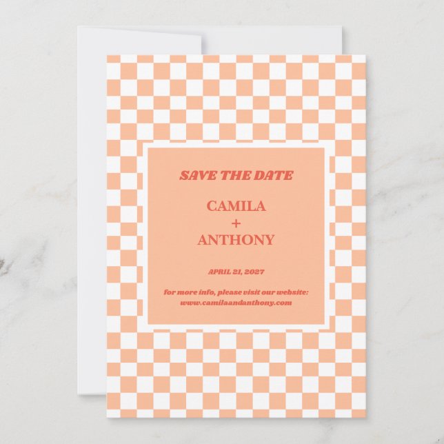 Peach Fuzz Chequered Gingham Pattern Save The Date (Front)