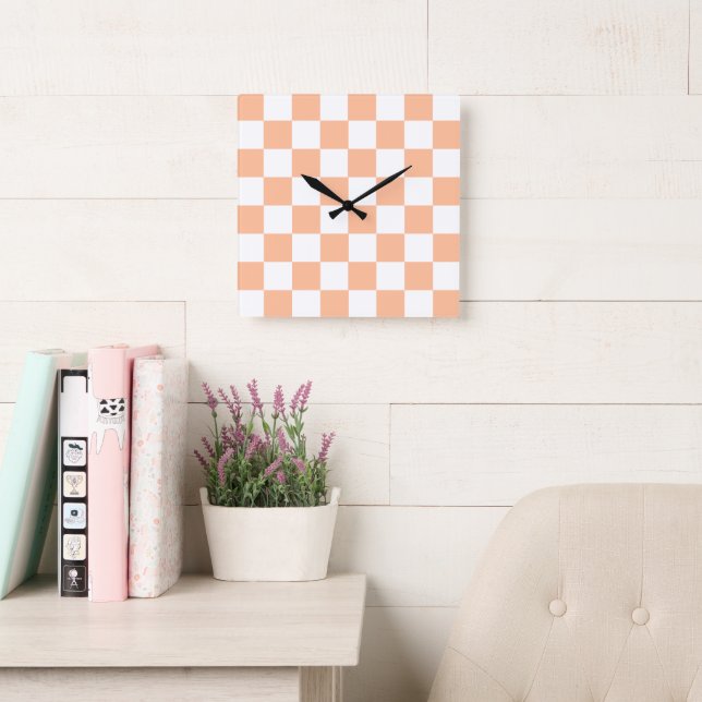 Peach Fuzz Chequered Gingham Pattern Square Wall Clock (Reading Room)