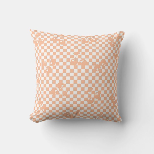 Peach Fuzz Cherry Gingham Pattern Cushion (Front)