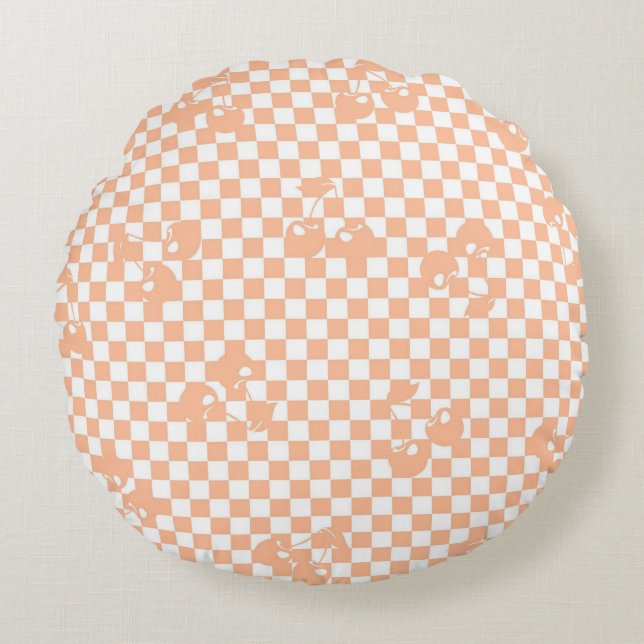 Peach Fuzz Cherry Gingham Pattern Round Cushion (Front)
