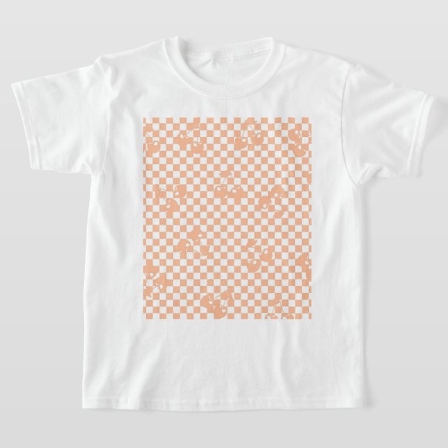 Peach Fuzz Cherry Gingham Pattern T-Shirt (Laydown)
