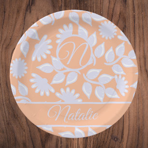 Peach Fuzz colour - floral pattern - monogrammed Paper Plate