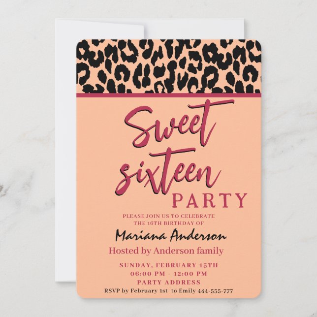 Peach fuzz Cool Trendy whimsy leopard sweet 16   Invitation (Front)