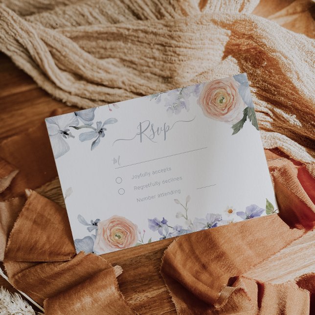 Peach Fuzz Dusty Blue Trendy Wedding RSVP Card (Creator Uploaded)