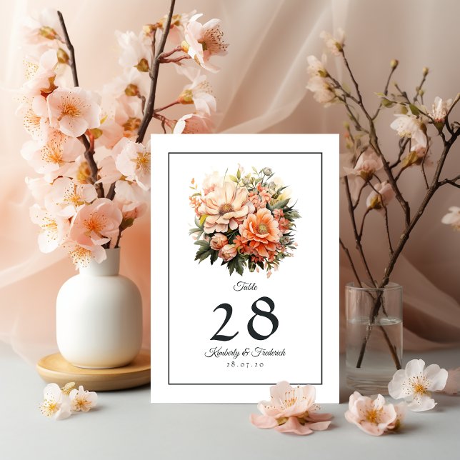 Peach Fuzz Floral Wedding Table Number (Peach Fuzz Wedding)