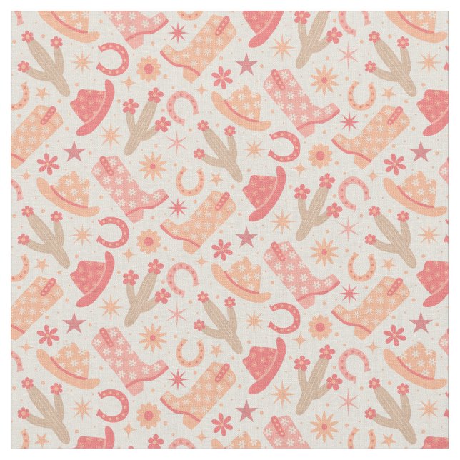 Peach Fuzz Groovy Cowgirl boots and hats Fabric (Close Up)