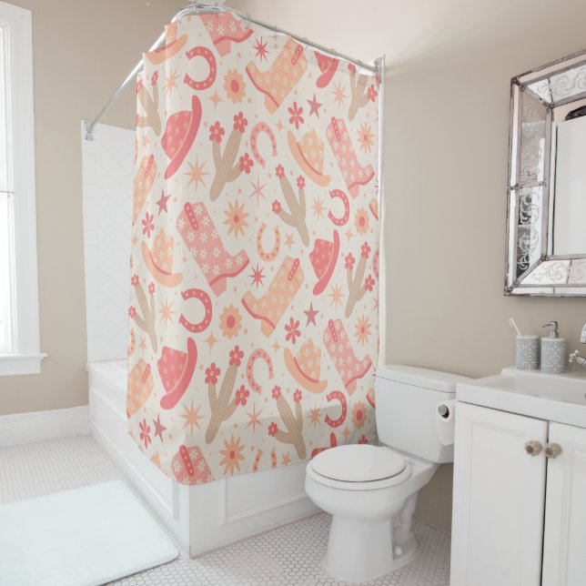 Peach Fuzz Groovy Cowgirl Boots and Hats pattern  Shower Curtain (In Situ)
