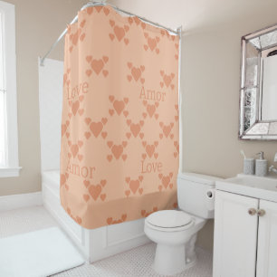 Peach Fuzz Love Hearts Bilingual Text "Amor""Love" Shower Curtain