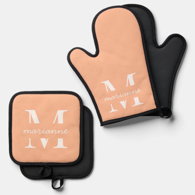 Peach Fuzz Monogram Name Initial Simple Custom Oven Mitt & Pot Holder Set (Front/Back)