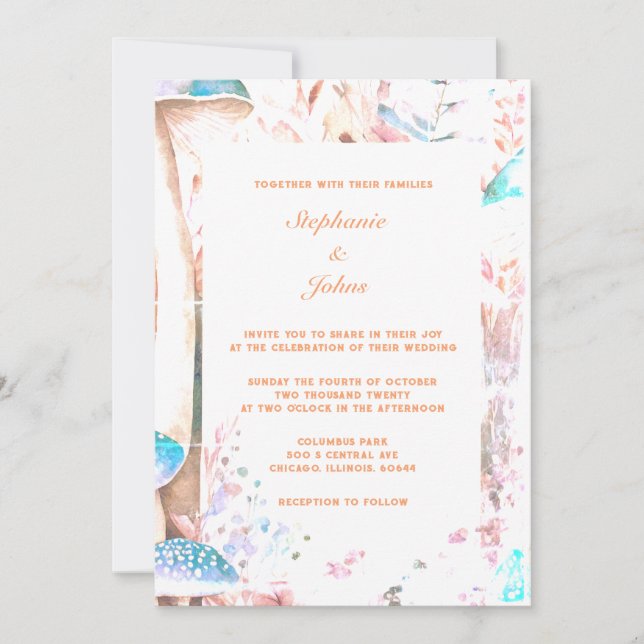 Peach Fuzz Mushroom Abstract Boho Woodland Wedding Invitation (Front)