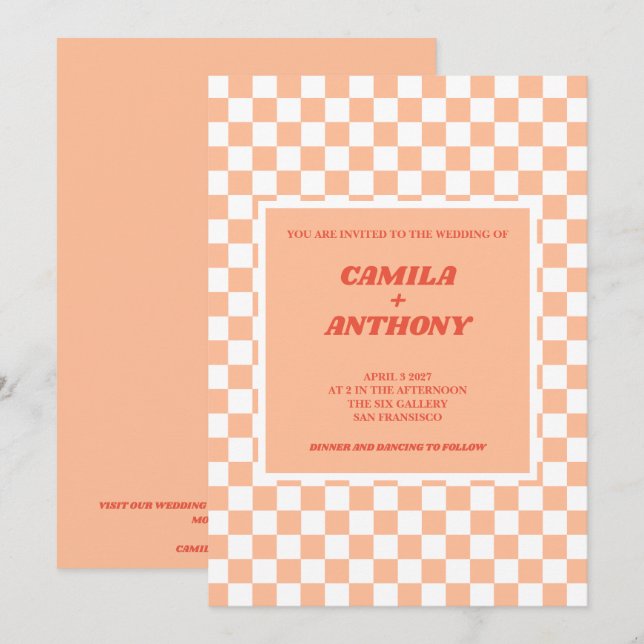 Peach Fuzz Red Chequered Gingham Pattern Wedding Invitation (Front/Back)