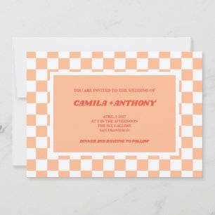 Peach Fuzz Red Chequered Gingham Pattern Wedding Invitation