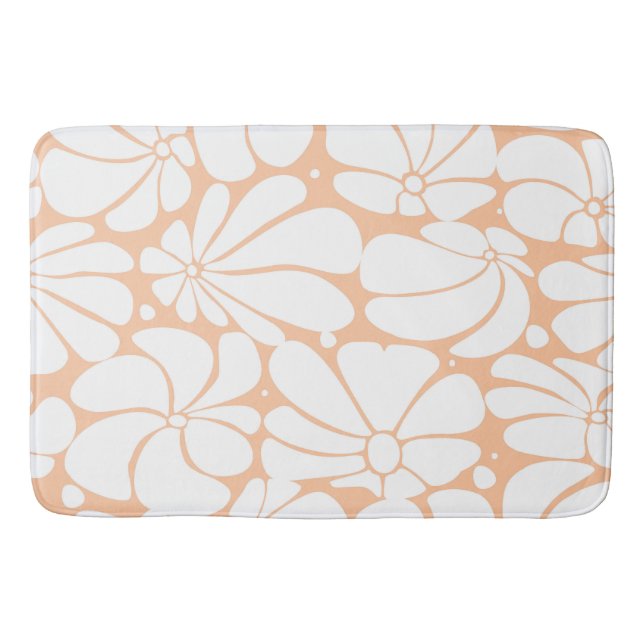 Peach Fuzz Retro 70s White Flower Graphic Design Bath Mat (Front)