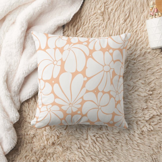 Peach Fuzz Retro 70s White Flower Graphic Design Cushion (Blanket)